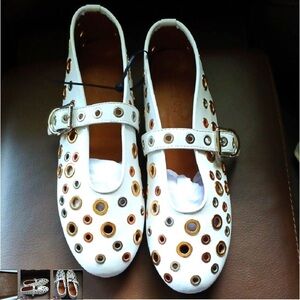 Women’s White Mary Jane Flats with Multicolor Metallic Eyelets